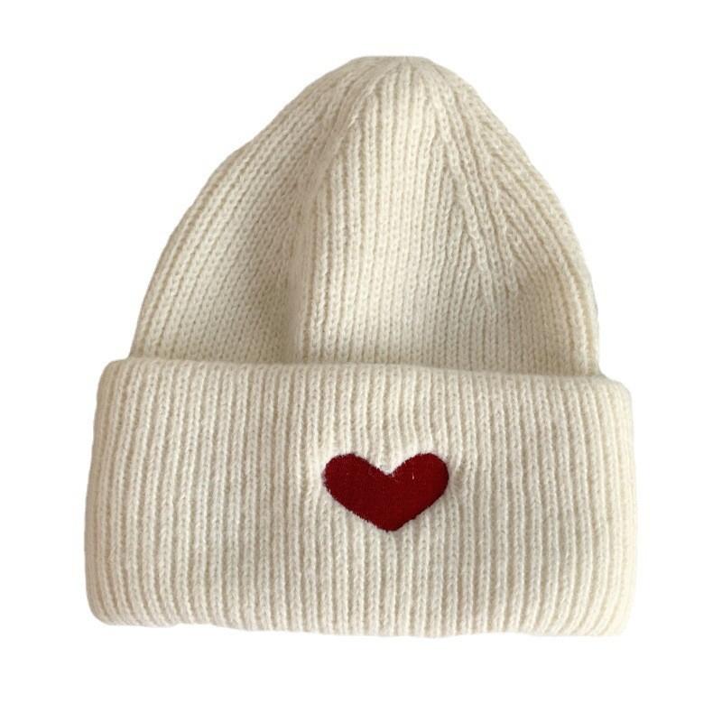 Heart Embroidered Knit Beanie Soft Cotton Hat For Women Warmth Winter