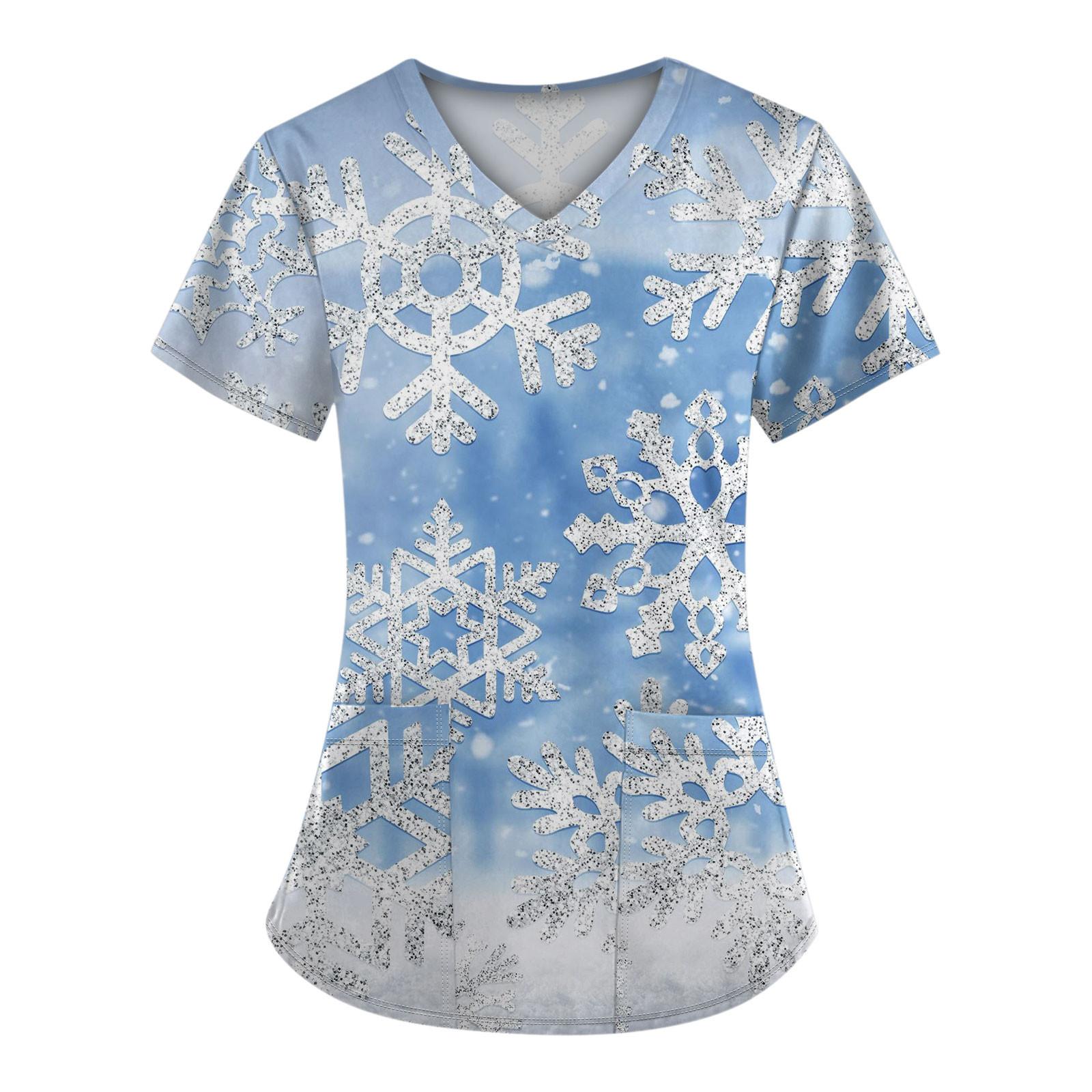 

Женская модная футболка с коротким рукавом и V-образным вырезом, карманом и рождественским принтом L