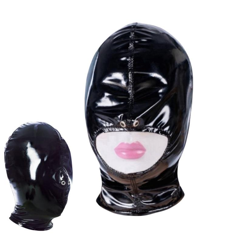 Elastic Bright Leather Hood Sex Toys with Open Mouth Party Mask for Couple Cosplay Slave Adult Game BDSM Bondage Set