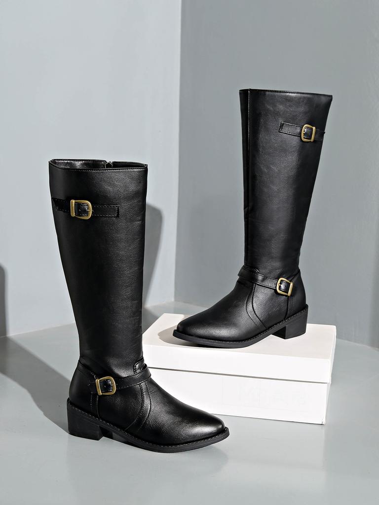 Women's High Boots 2025 Autumn and Winter New European and American Foreign Trade Large Size Thick Heel Super High Heel Square Buckle Zipper Boots