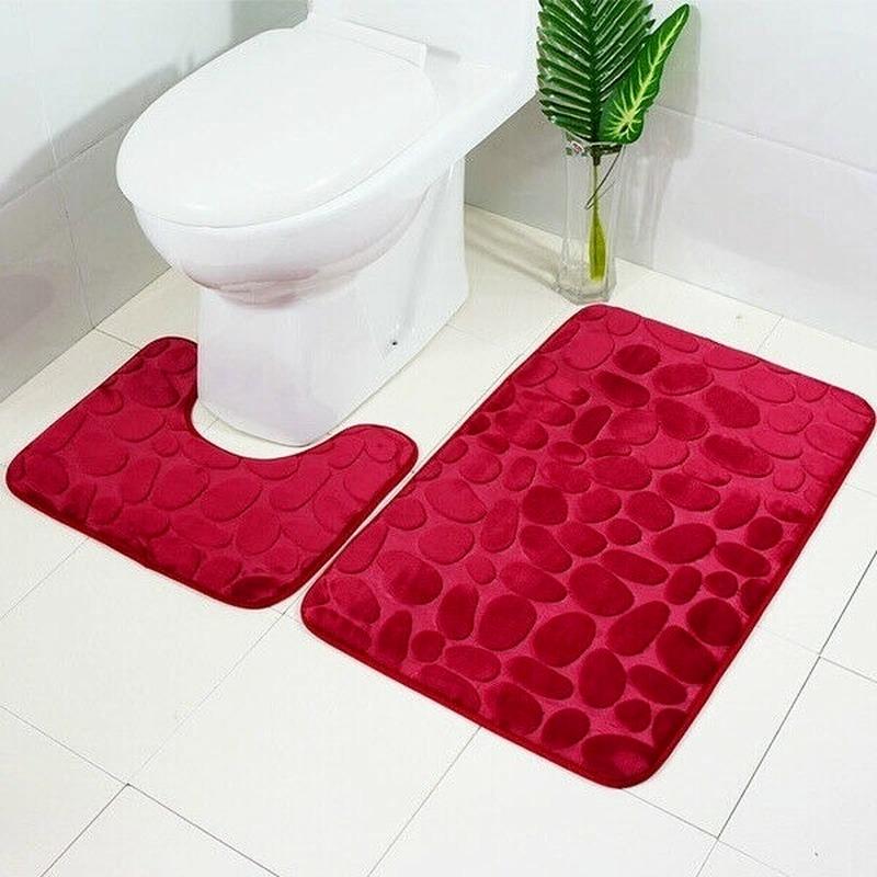 Pebble Pattern Non-slip Bathroom Carpet 2-piece Toilet Floor Mat Shower Mat Room Comfortable and Washable