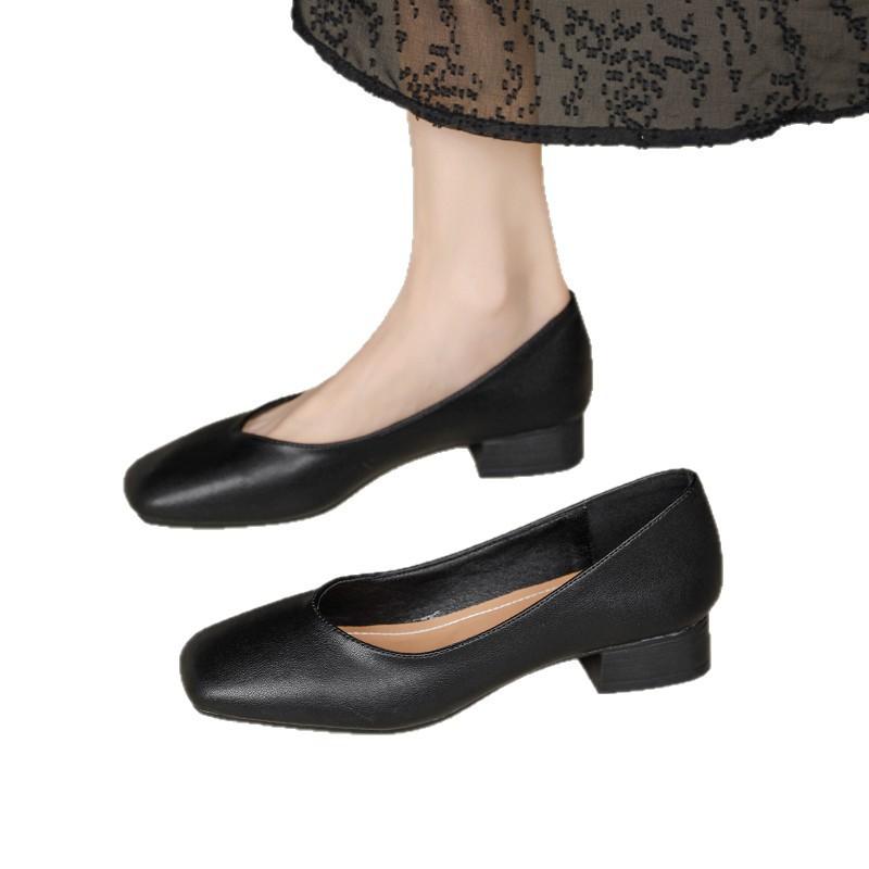 Nude leather grandma shoes women's thick heel 2025 new French medium heel women's shoes summer soft leather not tired feet single shoes