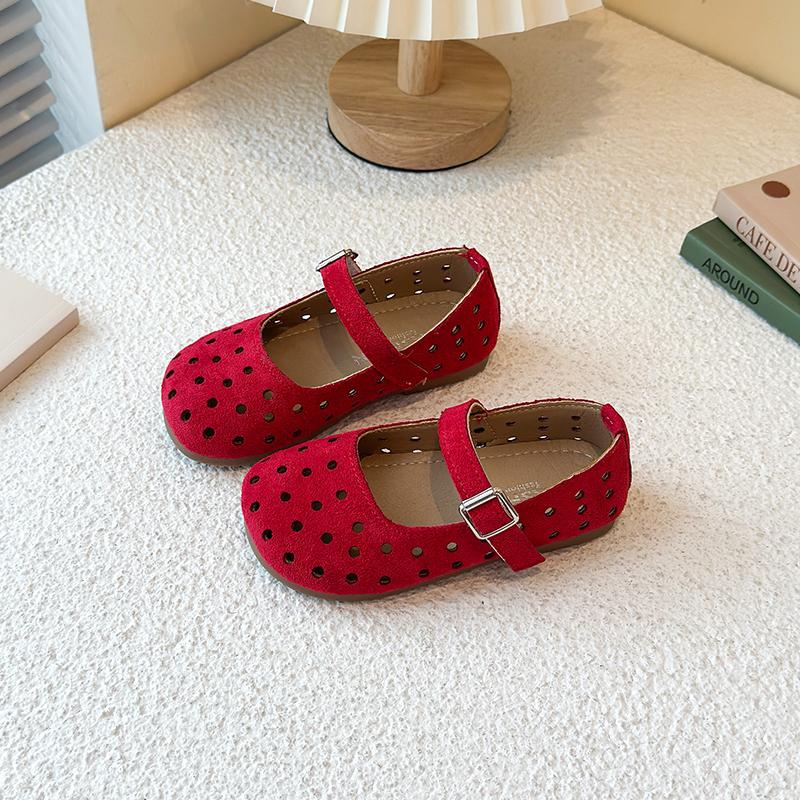 

Туфли принцессы для девочек, круглый носок, милые детские кожаные туфли, перфорированные точки, элегантные, новая мода 2025, детские балетки на мягкой подошве 23 красный
