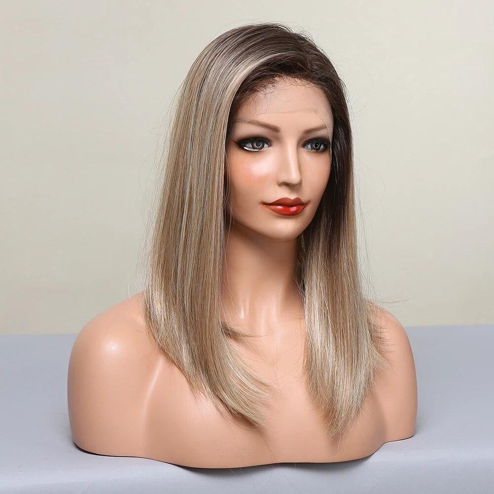 Shoulder Length Straight Lace Wigs Brown Dark Roots Silky Party Synthetic Hair Natural Soft Daily Wigs for Women Heat Resistant