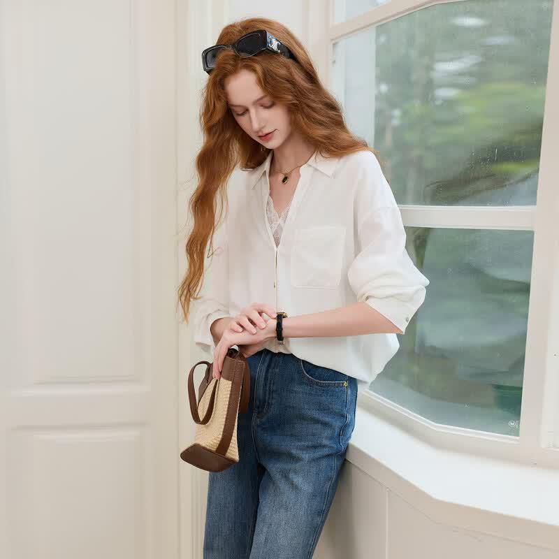 Lyocell Lace Trim Lapel Blouse
