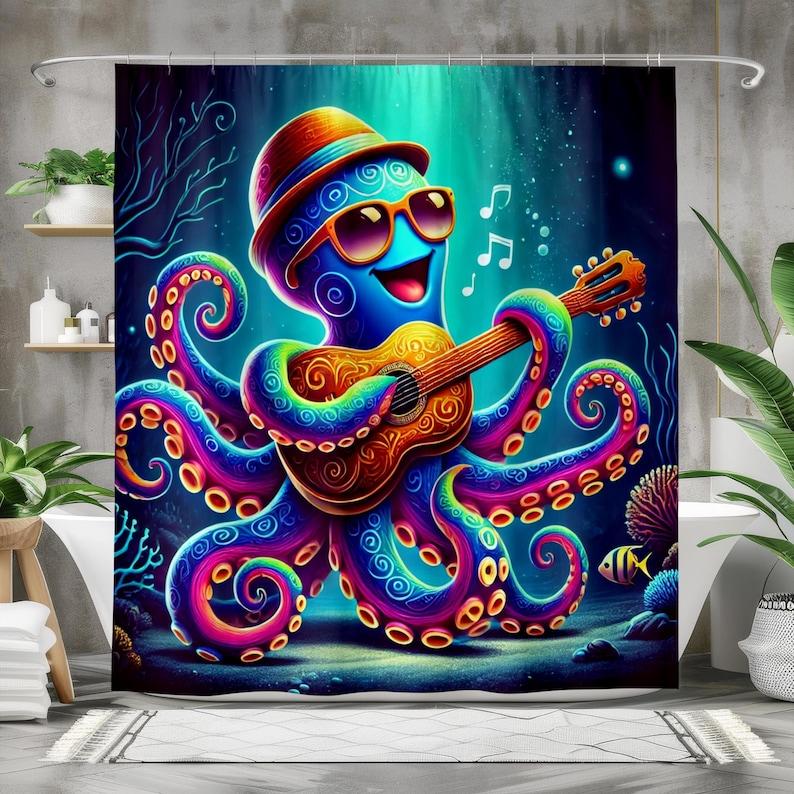 

Colorful Octopus Shower Curtain - Funky Underwater Music Theme, Psychedelic Sea Life Decor, Guitar Ocean Art, Nautical Bath Gift W60H190(CM)-1 Pcs