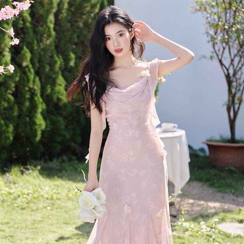 

Fishing Series Wear French Style Swing Collar Open Back Fishtail Sling Vacation Skirt Gentle Pink Bamboo Leaf Print Dress Summer Pale pink S