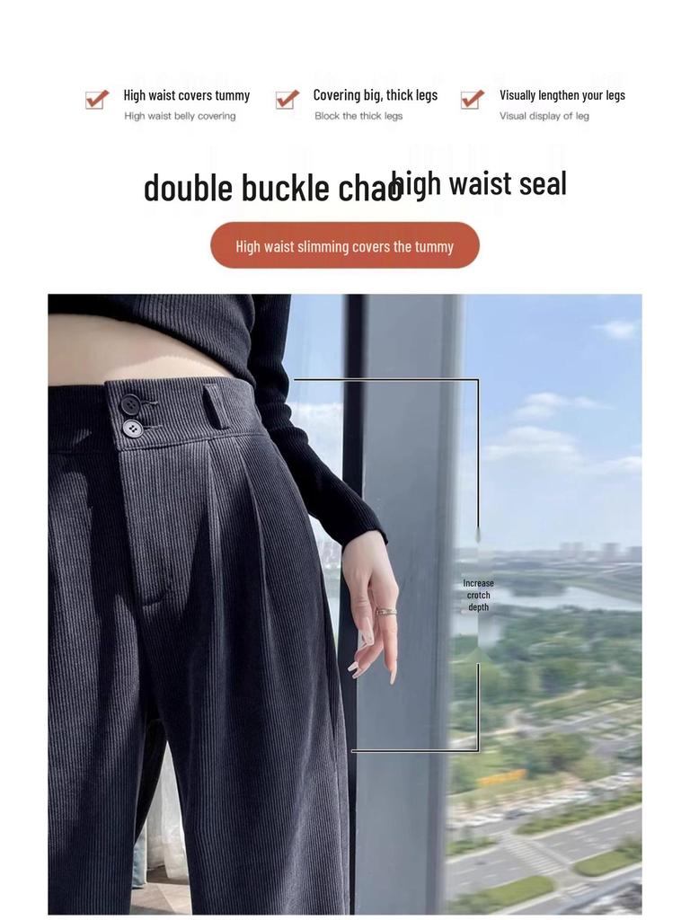 145cm Fleece-Lined High-Waisted Wide-Leg Chenille Pants - Women's XS, Petite, Black, Casual Autumn/Winter