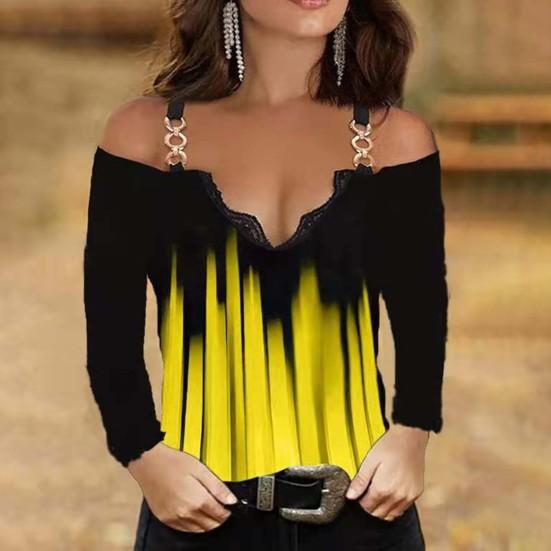 

Женская футболка с градиентным цветным принтом и металлическим ремешком, сексуальная лоскутная блузка