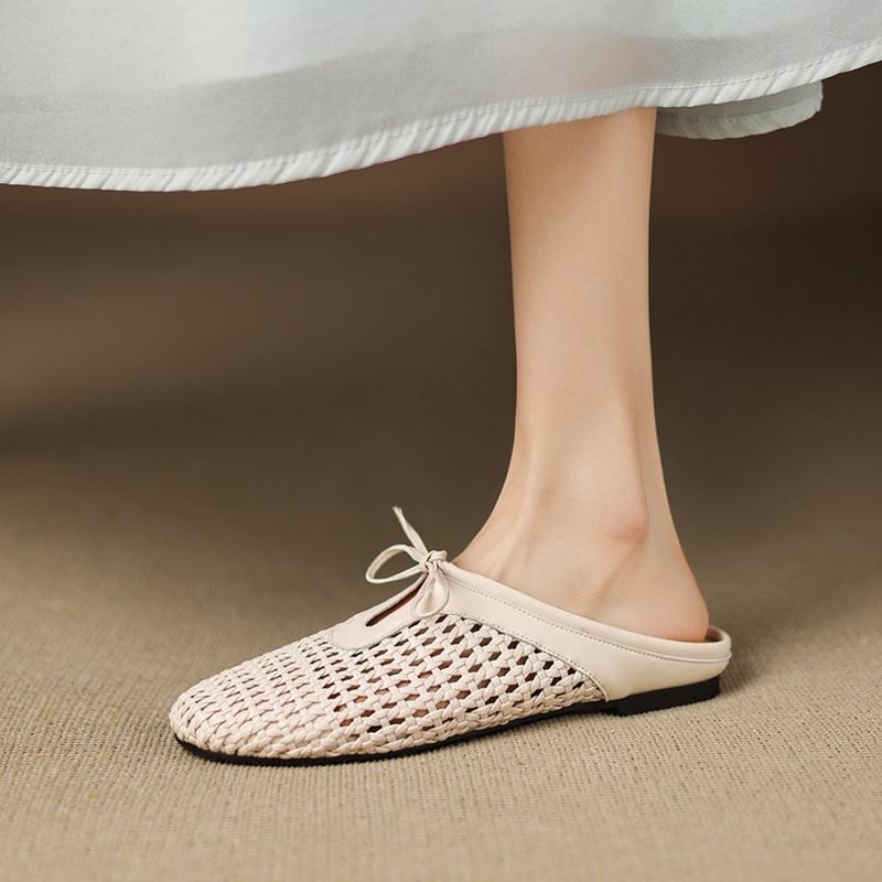 Fashion Women's new summer leather cowhide lace up bow, low heel, round head, hollowed out breathable toe, Mueller slippers