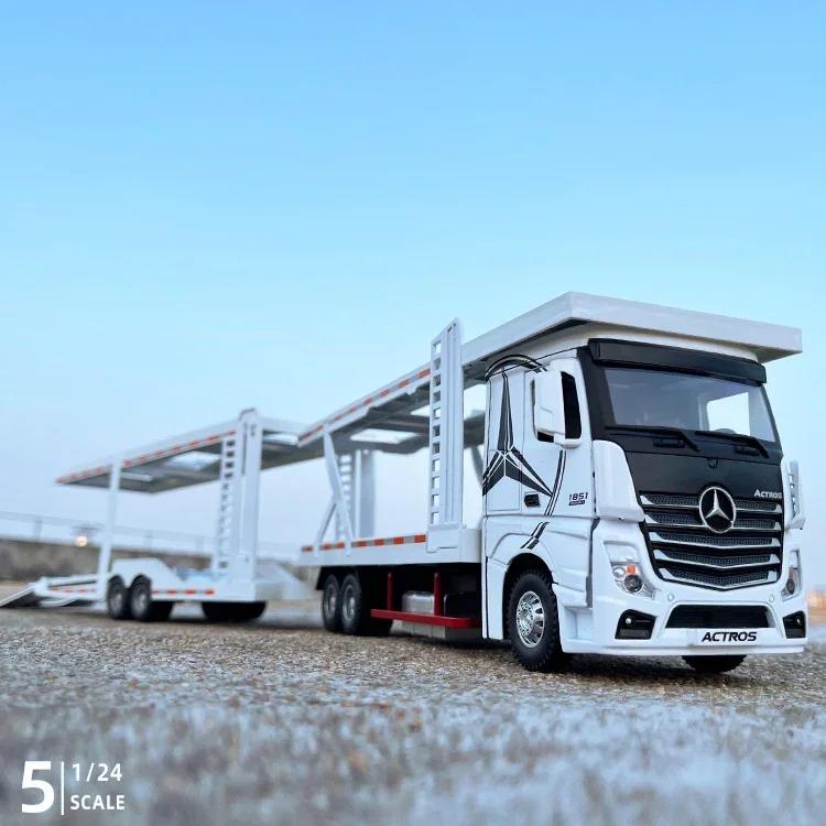 1:24 Mercedes Benz Double Decker Flatbed Transport Vehicle Alloy Diecast Metal Car Model Sound And Light Science Education Serie