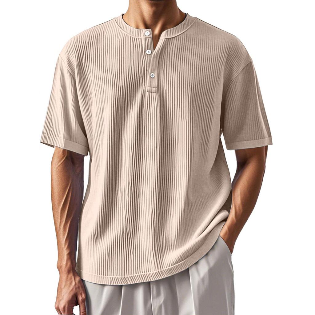 Men's Summer Solid Color Stripe Texture Button Collar Short Sleeve Tops Men's Casual Loose Fashion Tops