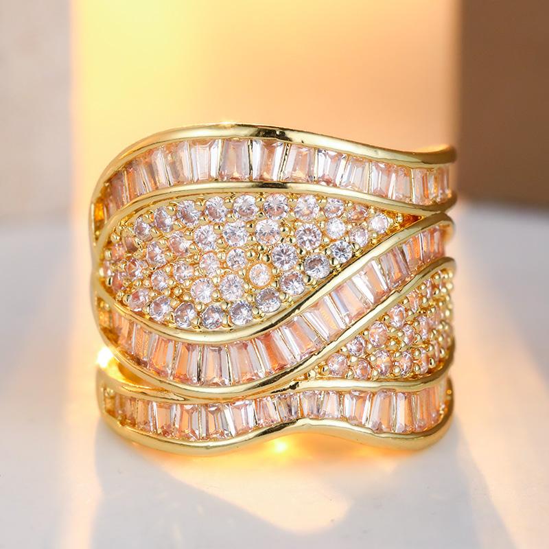 Gorgeous Inlaid White CZ Women's Ring Aesthetic Gold Color Geometry Daily Wear Party Jewelry Anniversary Gift