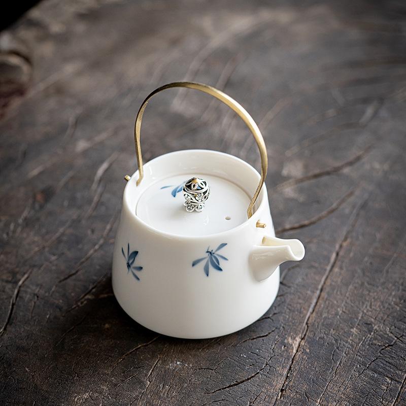 Hand Painted Orchid Teapot with Handle & Filter, Ceramic Kungfu Tea Set for Home Brewing - Traditional Chinese Style Gift