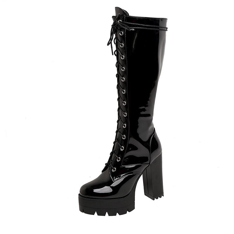 Fashion Patent Leather White Knee High Boots Lace Up Ladies Platform Boots High Heels Fashion Nightclub Patry Shoes Wholesale