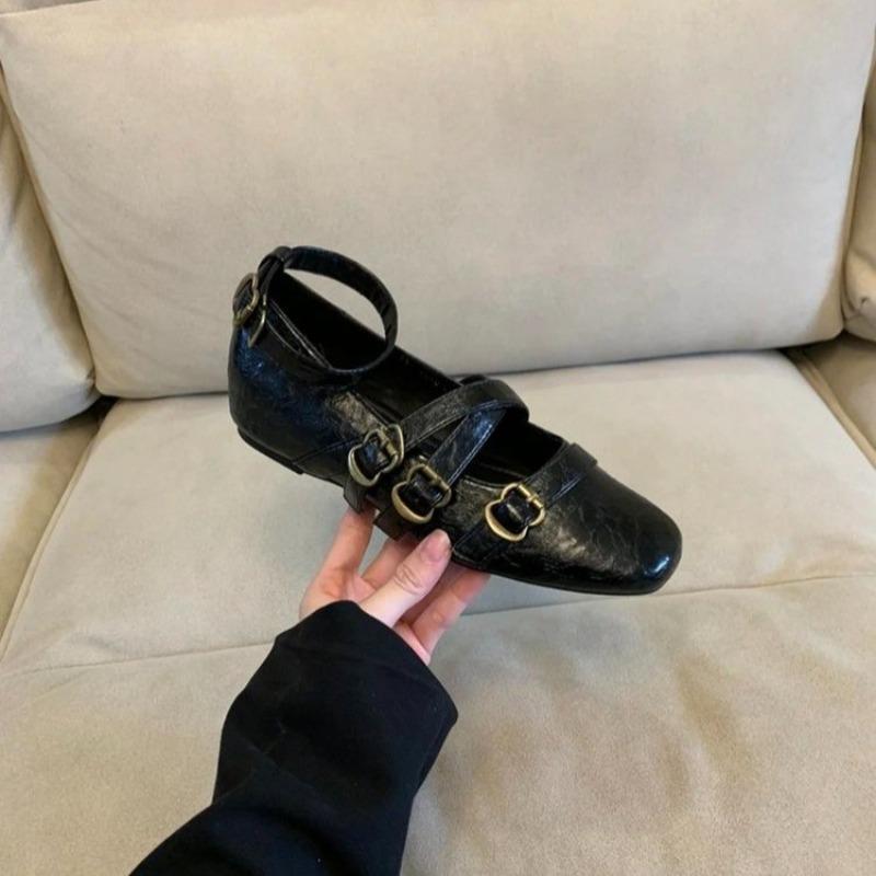 Fashion 2025 New Square Toe Heightened Inner Mary Jane Women's Shallow Mouth One Buckle Women's Shoes Versatile Flat Single Shoes