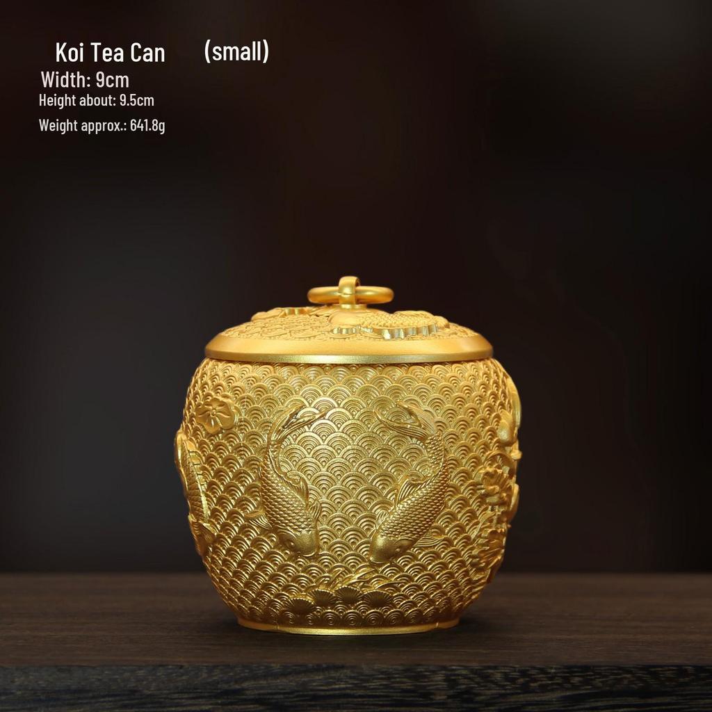 High-Grade Pure Brass Koi Tea Storage Can with Lid - Moisture-Proof Sealed Container, Ashtray, and Decorative Craft Ornament