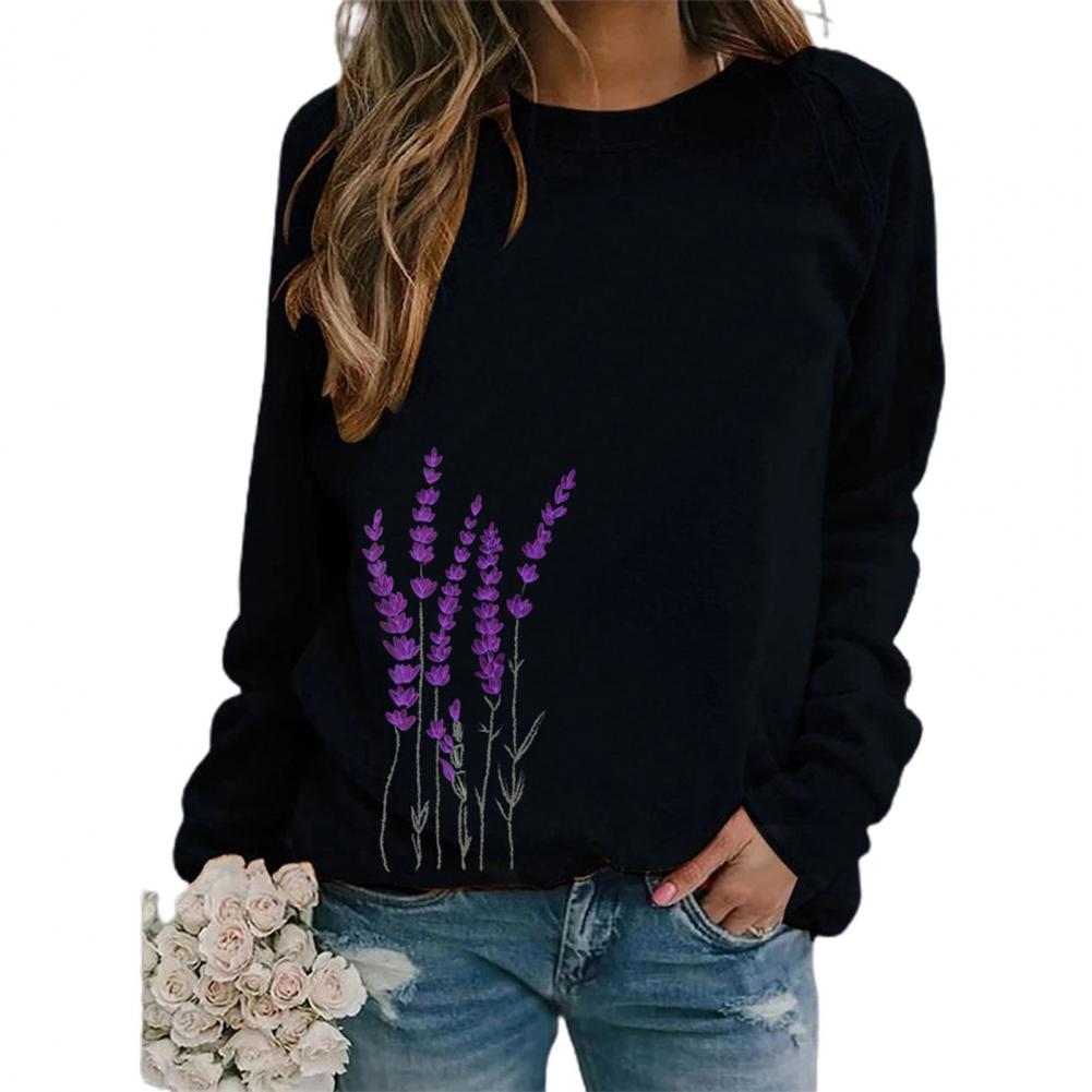Women Sweatshirt Floral Print O Neck Loose Warm Lady Blouse for Daily Wear