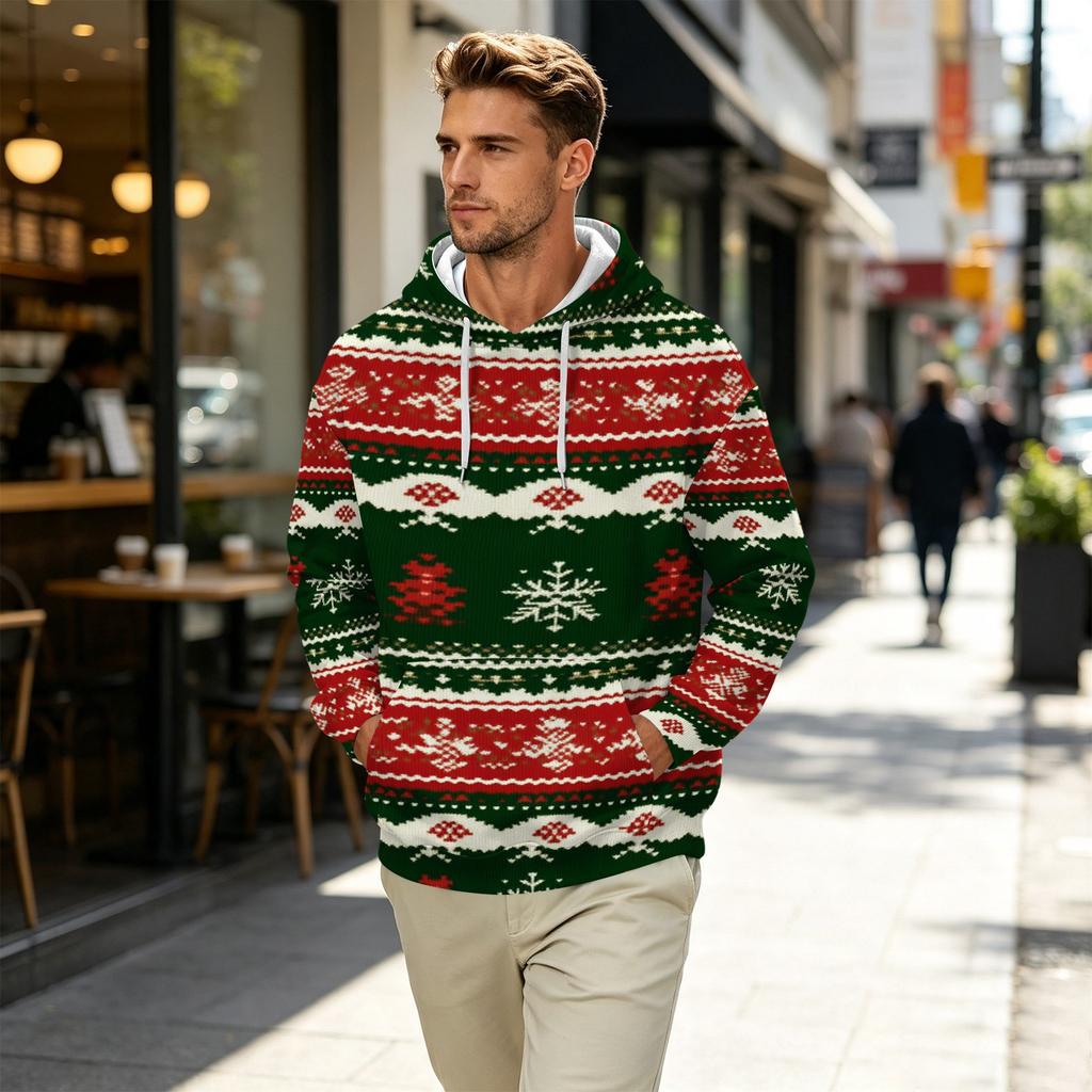 Men's Long Sleeve Hooded Sweatshirt with Christmas Print for Holiday Casual Wear