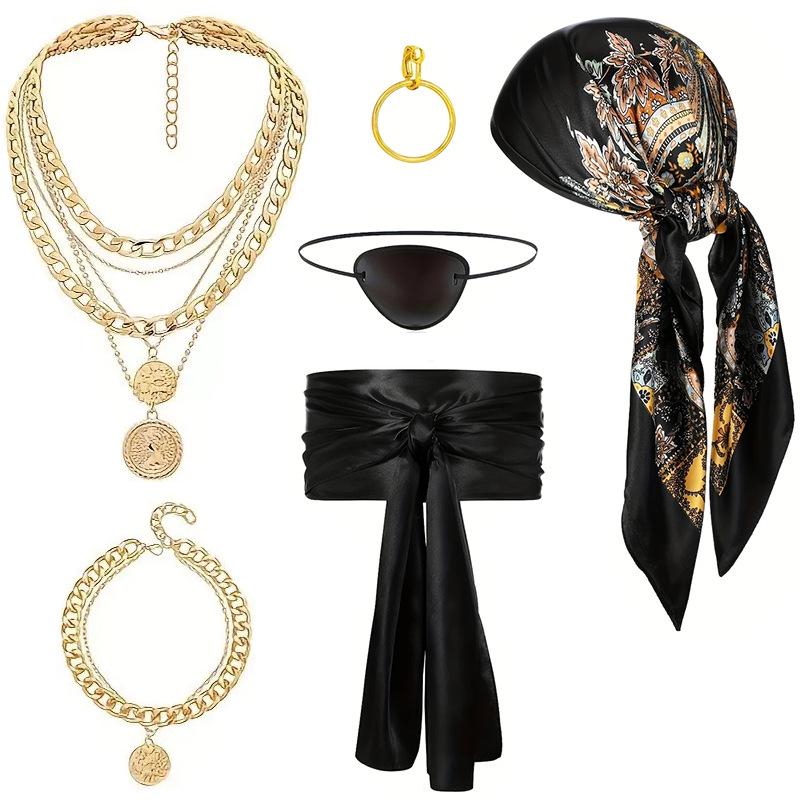 Halloween Cosplay Pirate Accessory Set: Headscarf, Belt, Necklace, Bracelet