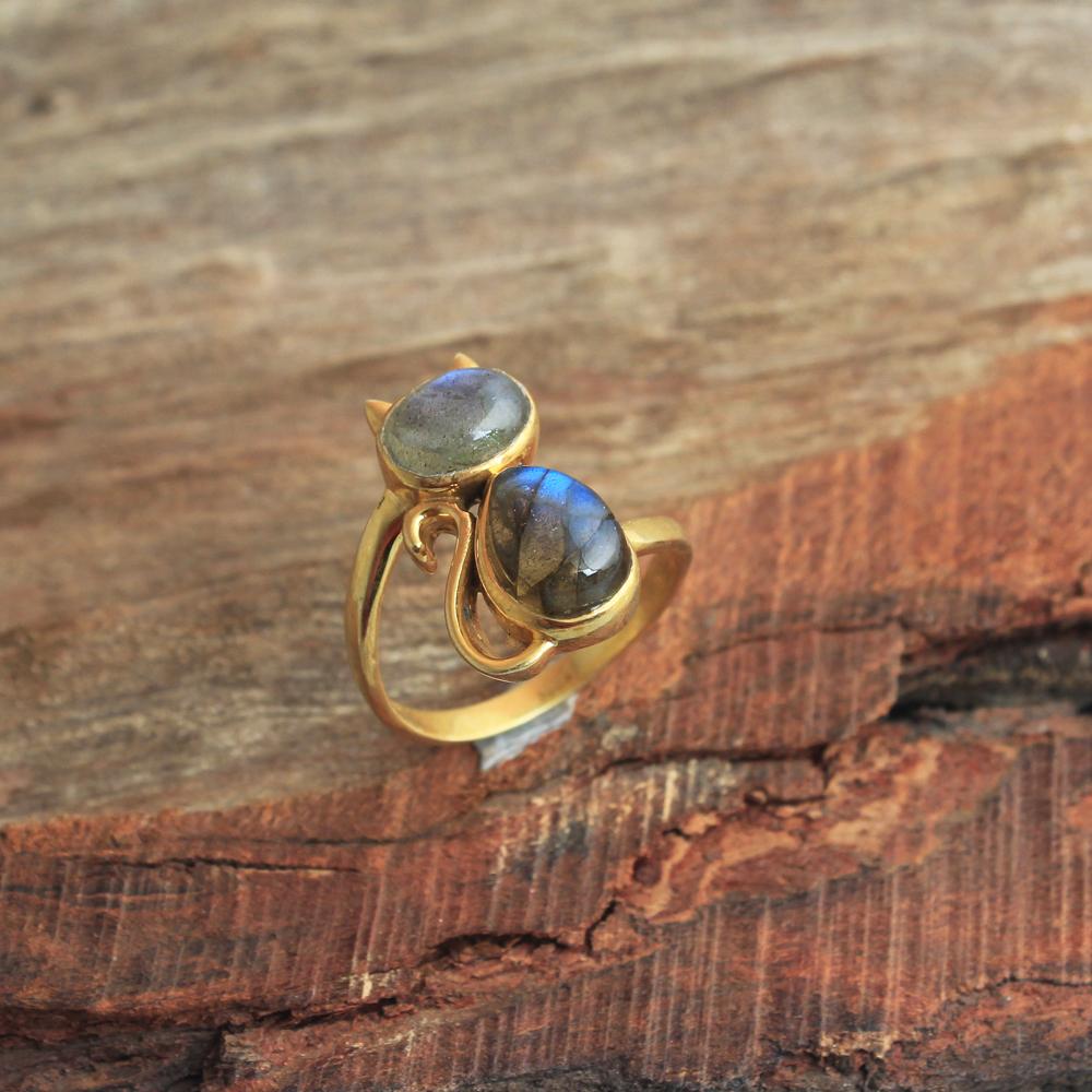 Labradorite Gemstone Yellow Gold Plated Cat Ring 925 Sterling Silver Minimalist Jewelry