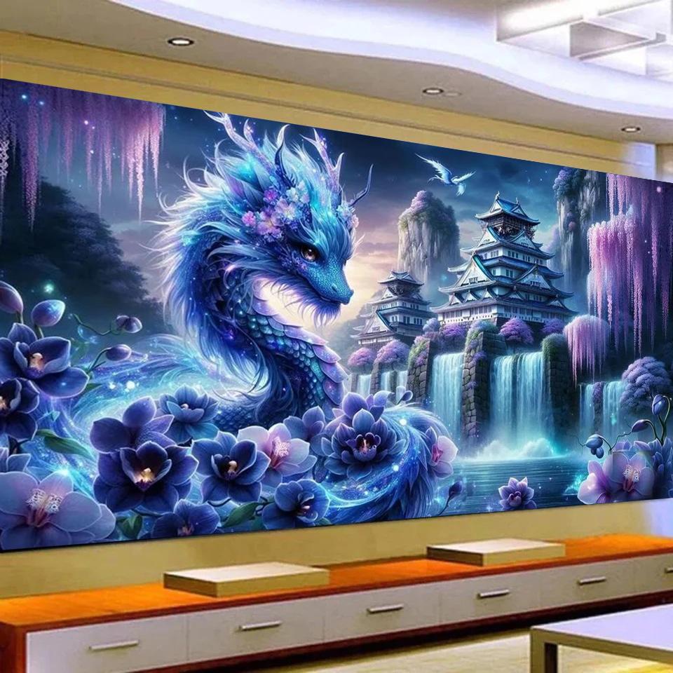Blue Dragon Waterfall Orchid Landscape Diy 5D Diamond Painting Full Square Round Mosaic Diamond Embroidery Big Size For Decor