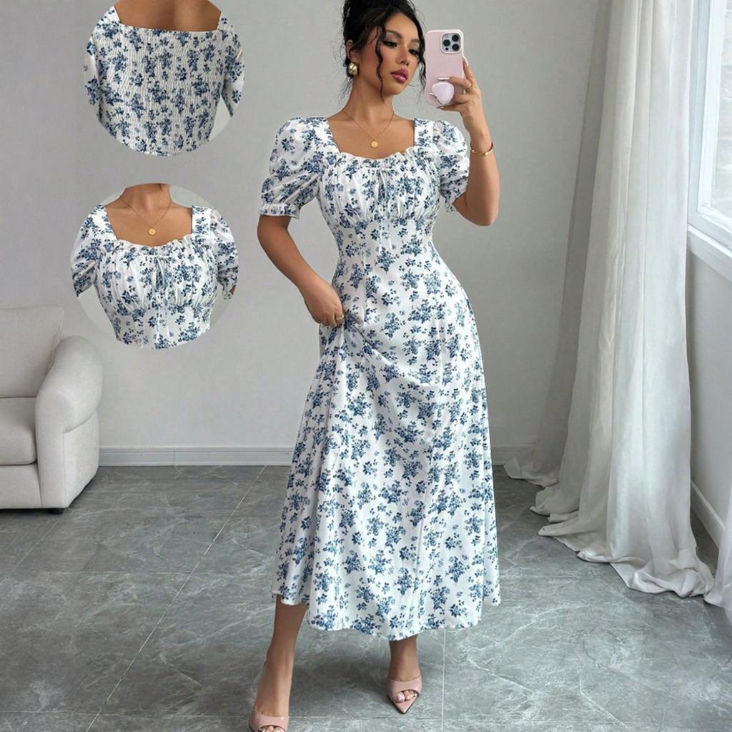 Womens Summer Dresses Elegant Dresses for Women Casual Floral Print Square Neck Beach Dresses for Women Vacation Dresses for Women 2026