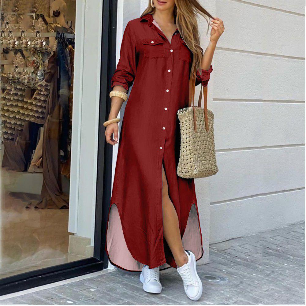 2025 European & American Women's Spring/Summer Fashion Print Maxi Shirt Dress