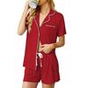 European & American Casual Lapel Women's Short Sleeve Cardigan Pajama Set with Shorts