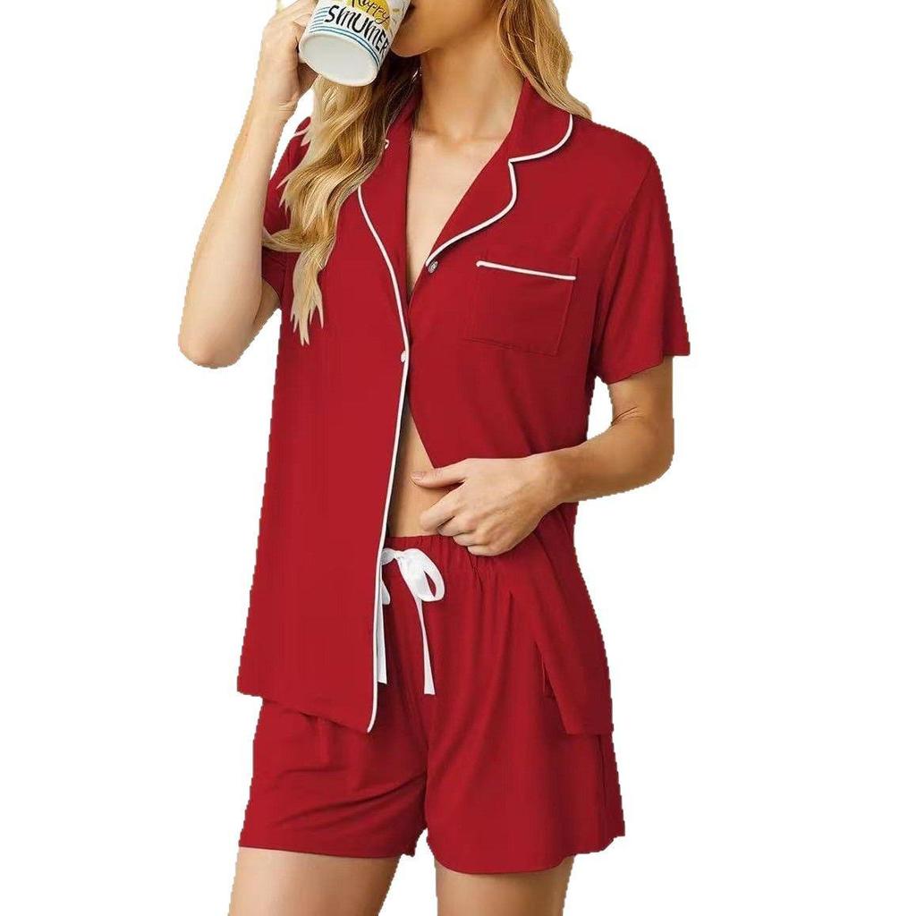 European & American Casual Lapel Women's Short Sleeve Cardigan Pajama Set with Shorts