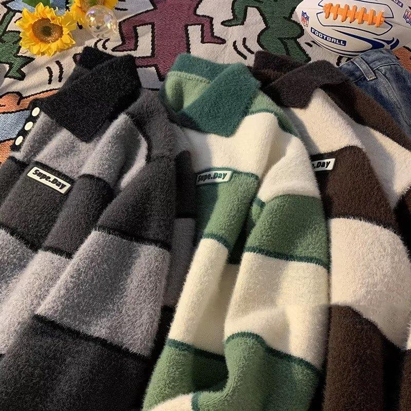 Herren Retro Hong Kong Stil Gestreifter Polo-Pullover - Herbst/Winter Trendiger Locker Gestrickter Revers-Top