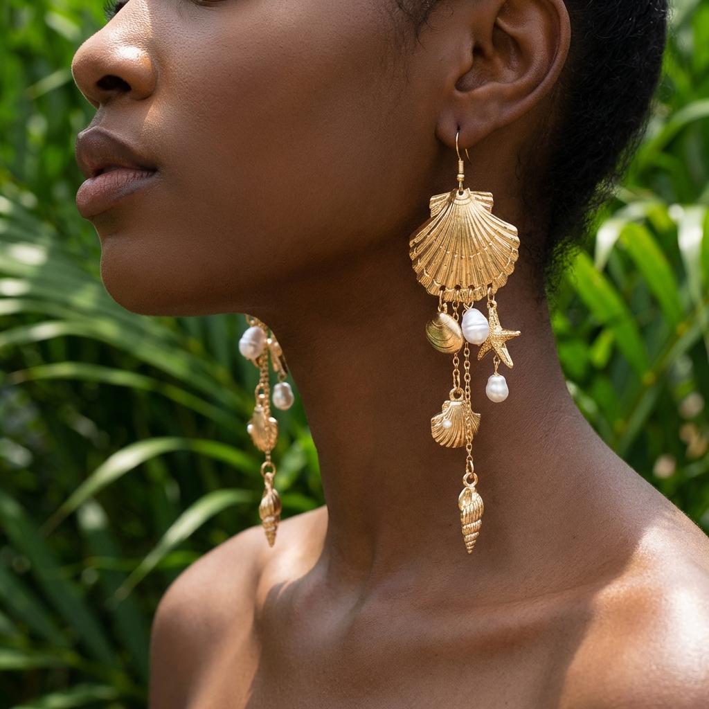 Bohemia Metal Starfish Shell Tassel Drop Earrings for Women Exquisite Imitation Pearl Seashells Earring Summer Party Jewelry