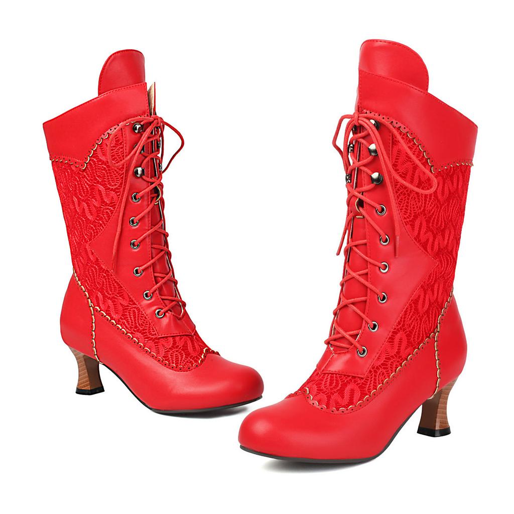 Höst Vinter Vintage Kvinnor Viktorianska Stövlar Snörning Hög Klack Ankelstövlett Volang Kant Lolita Prinsessa Cosplay Teparty Kostymskor