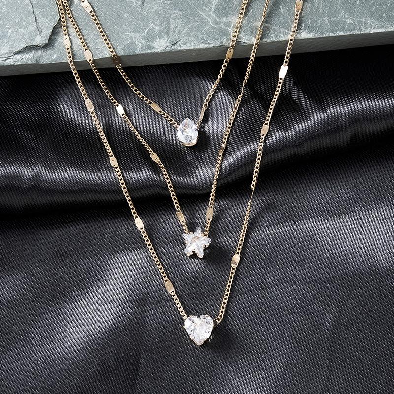 Ladies Elegant Three Layer Love Heart Crystal Pendant Necklace