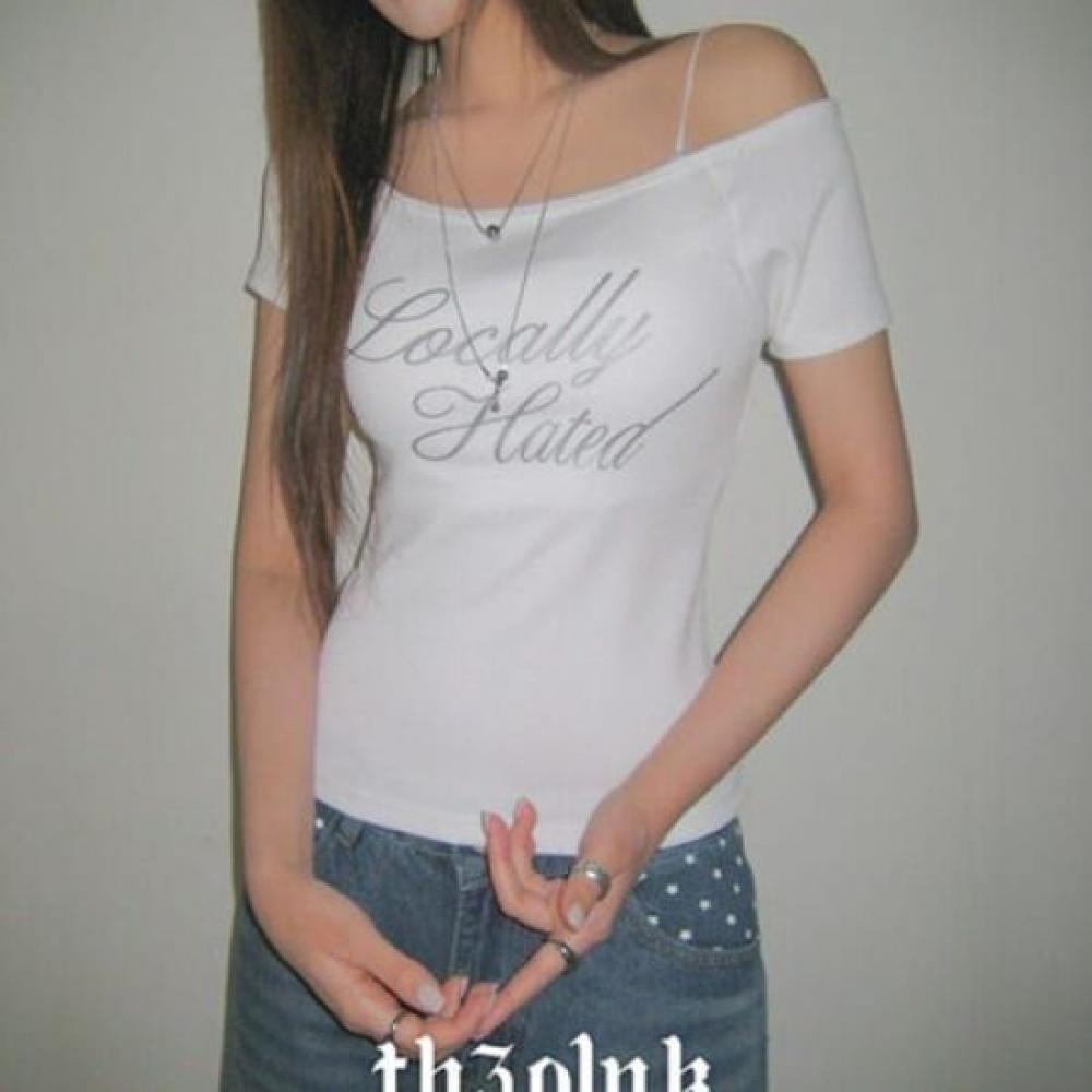 The Pink Women Off Shoulder Slim FiT GliTTer LeTTering T shirT