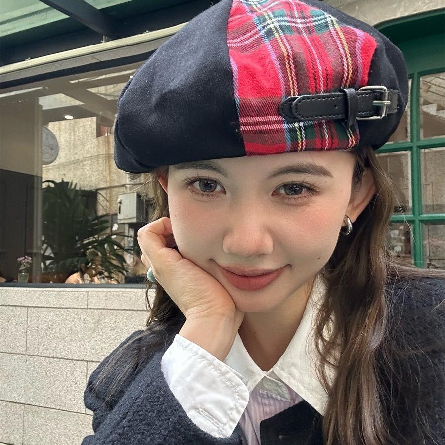

[Small leather buckle beret] Autumn and winter classic red plaid with black painter hat square round face suitable for cloud hat M（56-58cm）