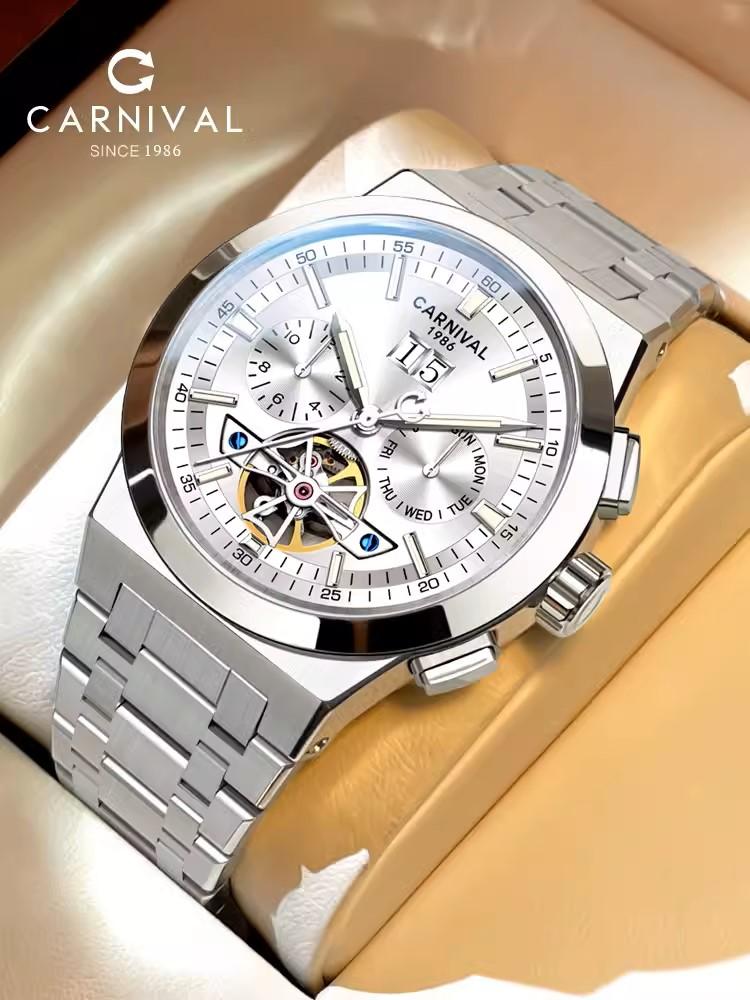 CARNIVAL Multi Layer Tourbillon Sport Watch Men Waterproof Date Luminous Automatic Mechanical Watches Clock New Reloj Hombre