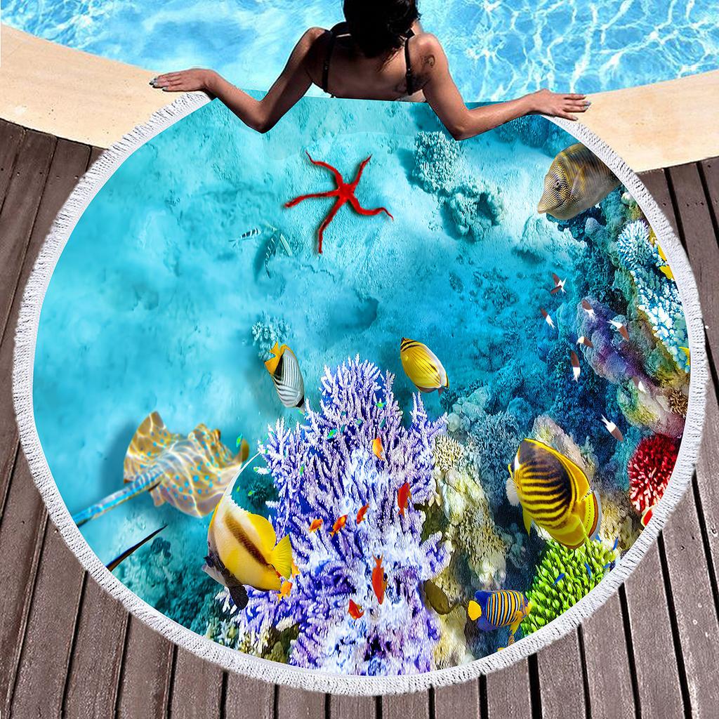 Underwater World Marine Animal Round Beach Towel with Tassels, Microfiber Quick Dry Sand Free Circle Bath Towel Gifts for Women