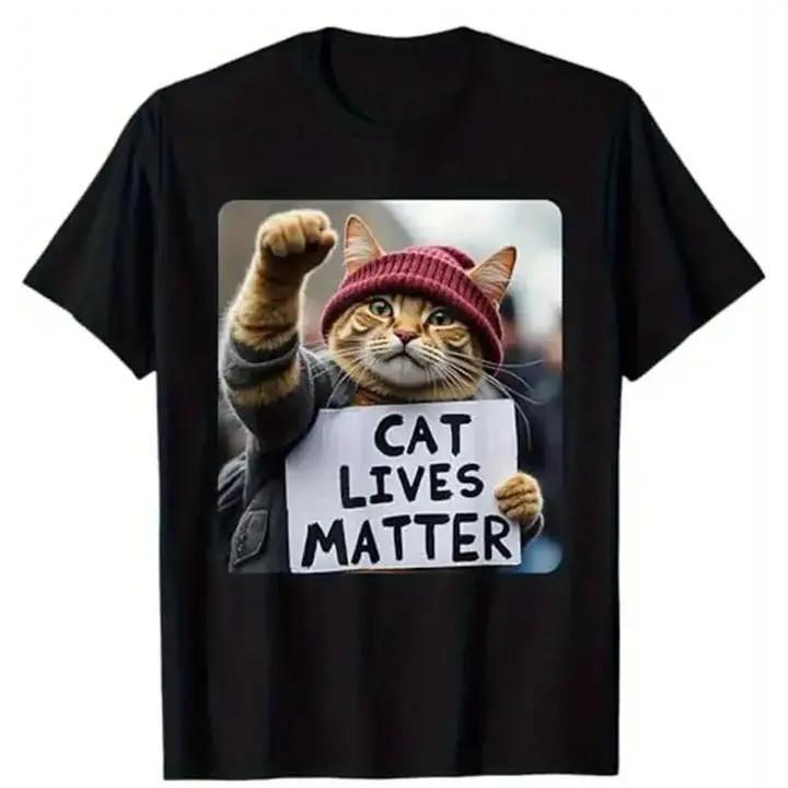 [100% Cotton] Cute Cat Activist Cat Lives Matter Statement T-Shirt Round Neck S разноцветный