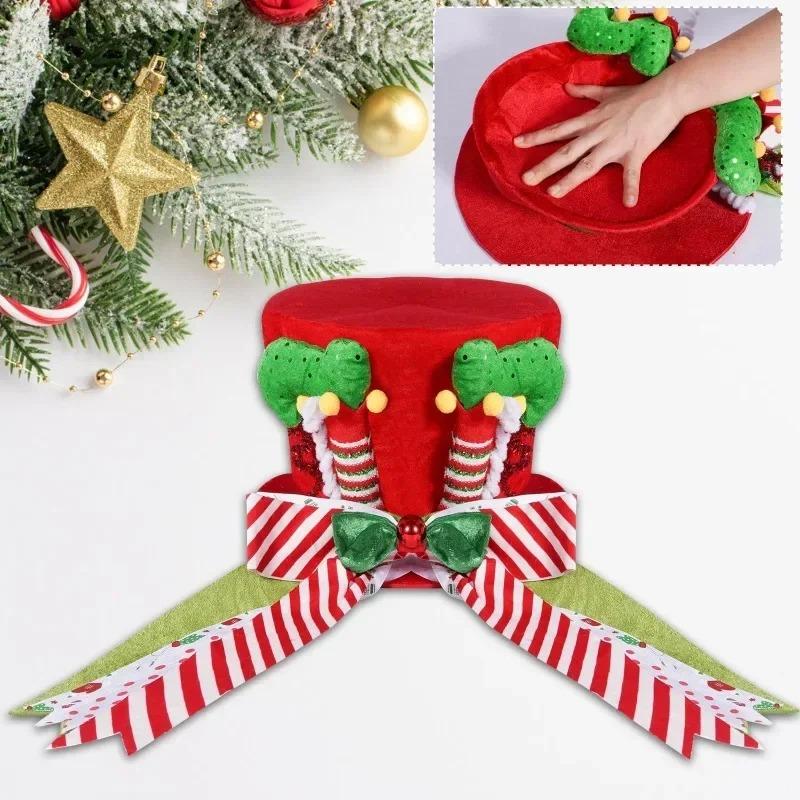 Christmas Tree Topper Hat with Red Green Foldable Bow Ribbon Vintage Holiday Home Decoration Durable Xmas Ornament with Red Bow