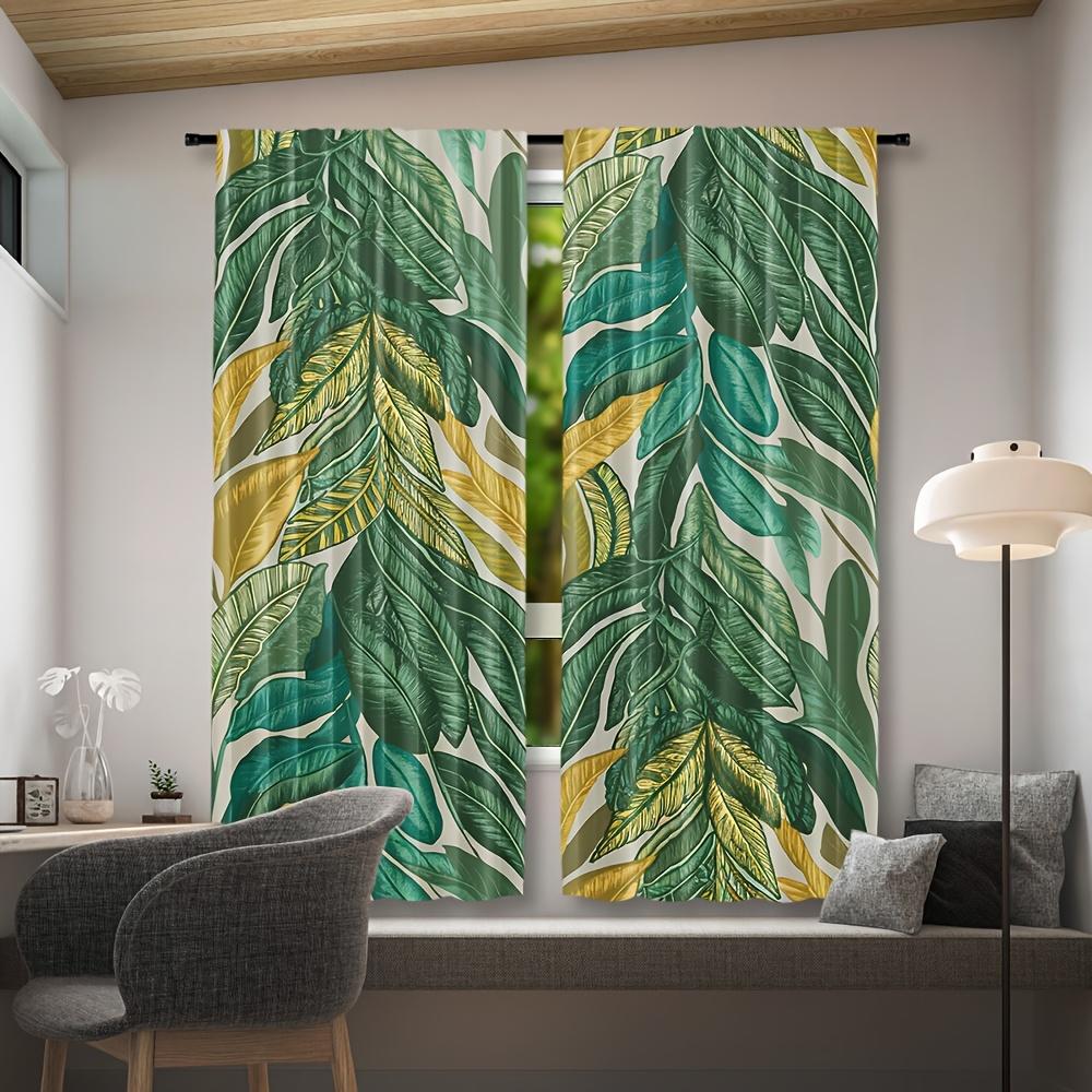 2pcs Palm Leaf Print Semi-Sheer Curtains - Rod Pocket Window Treatments for Bedroom   Living Room   Office   Kitchen   Study - Conte