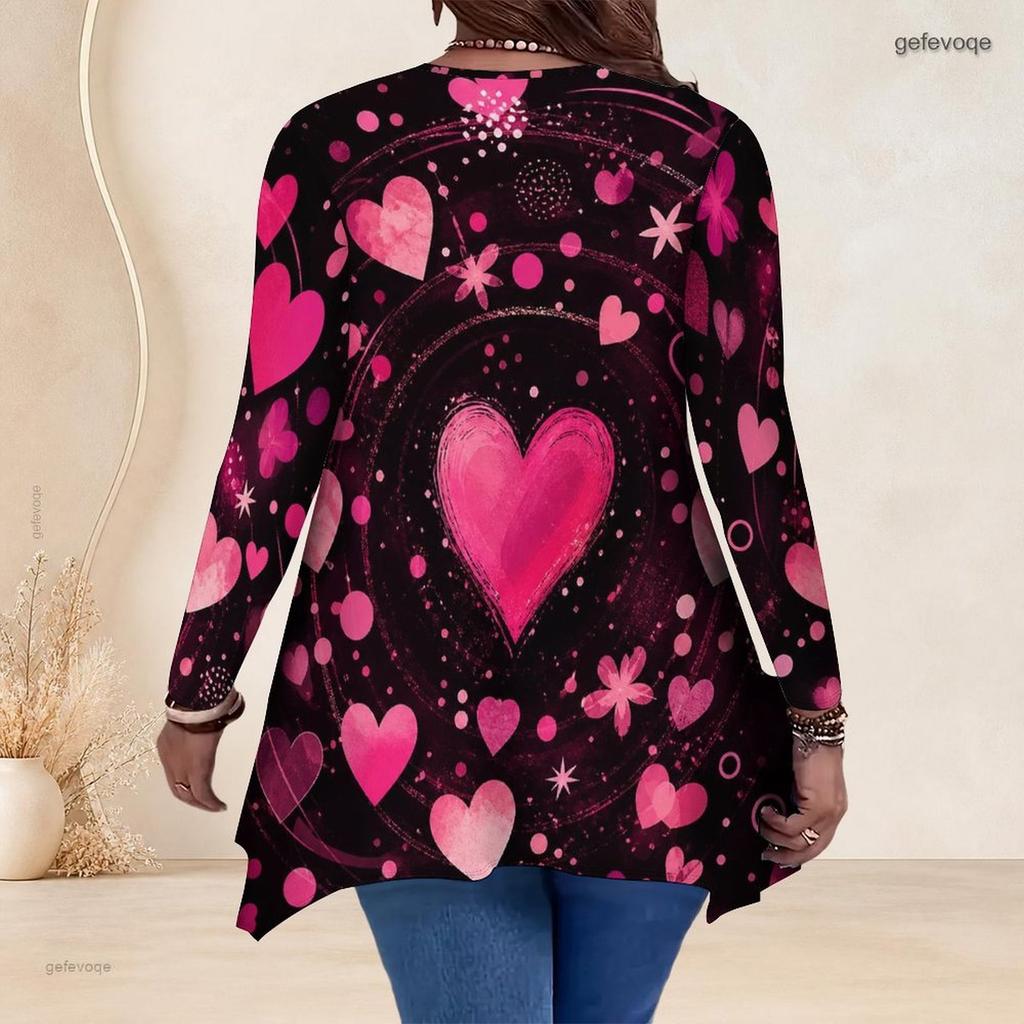 Women Plus Size V Neck Long Sleeve Printed Asymmetric Hem Flared Tunic Top