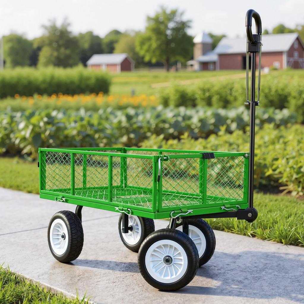 Garden Cart, 408.2 kg, Heavy Duty Steel Yard and Garden Utility Wagon with 10-Inch Tires, Outdoor Gardening Stool with Adjustable Handle, Detachable