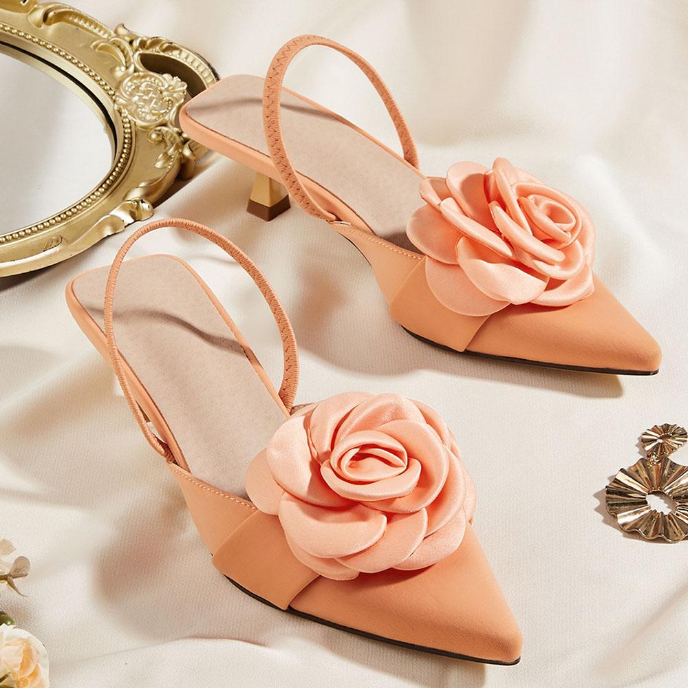 Flower Pointed Toe High Heels Women Pump Sandals Silk Kitten Heels Elegant Office Lady Sexy Party Sandals Big Size 43