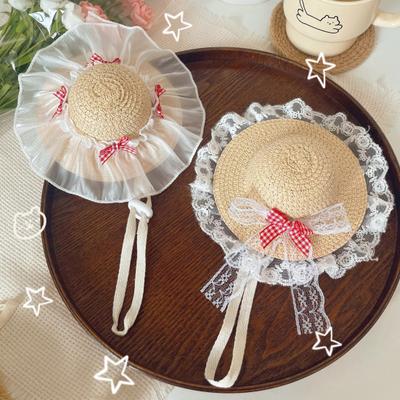 Mini slaměný klobouk pro mazlíčky s krajkou Nastavitelný sluneční klobouk s mašlí Ručně tkaný venkovní doplněk pro malé kočky a psy