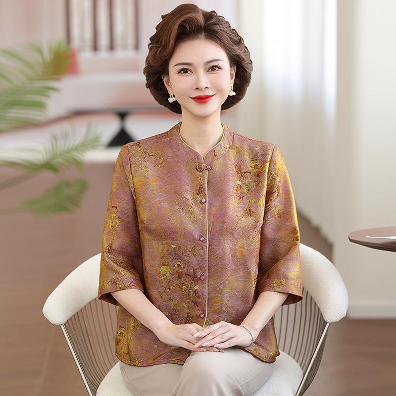 

Women s Mid-Aged & Elderly 7-Sleeve Frog Button Shirt - New Chinese Style Spring/Summer Cardigan with Printed Top 2XL (Recommended 55-60 kg) розовый