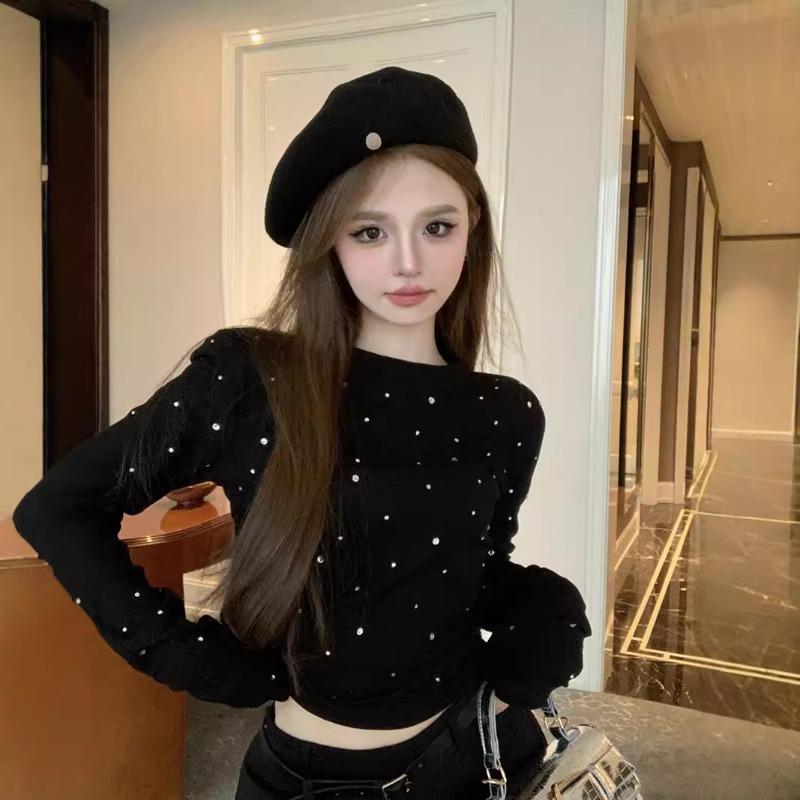 Women White Long Sleeve Rhinestone Slim Fit Cropped Bottoming T Shirt Top