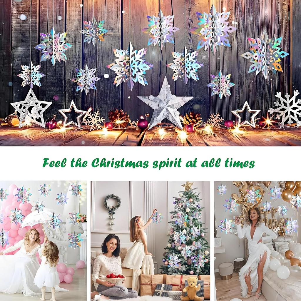15pcs 3D Large Iridescent Paper Snowflakes Winter Ornament - Snowflakes in 3 Sizes Hanging Ornaments for Winter Wonderland Decorations Frozen