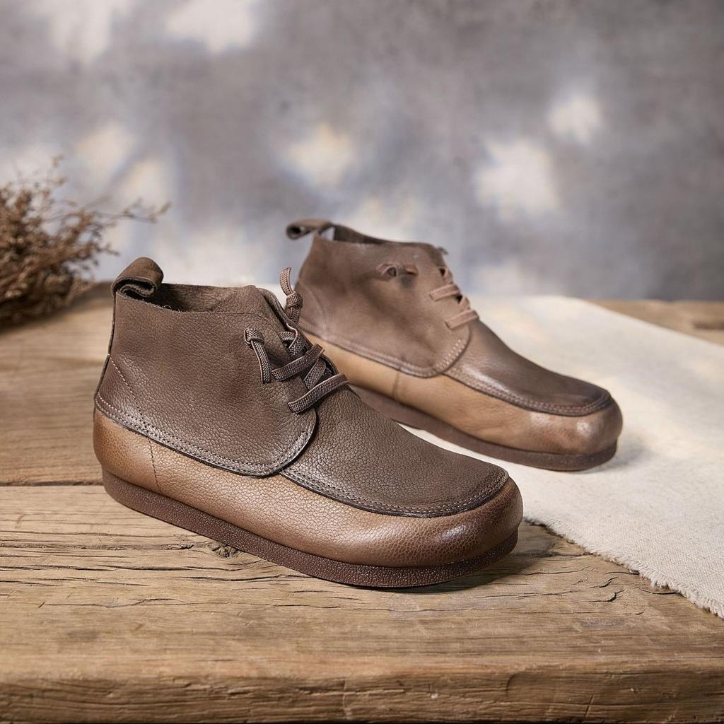 Women Genuine Leather Boots Square Toe Handmade Retro Style Flat Heel Ankle Boots For Women British Style Winter Warm Shoes