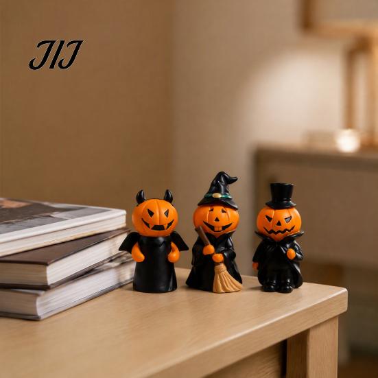 Small Desktop Sculpture 3Pcs Halloween Pumpkin Ghost Figurine, Resin Spooky Tabletop Decor Festival Party for Home Bookshelf And Tiered Tray,